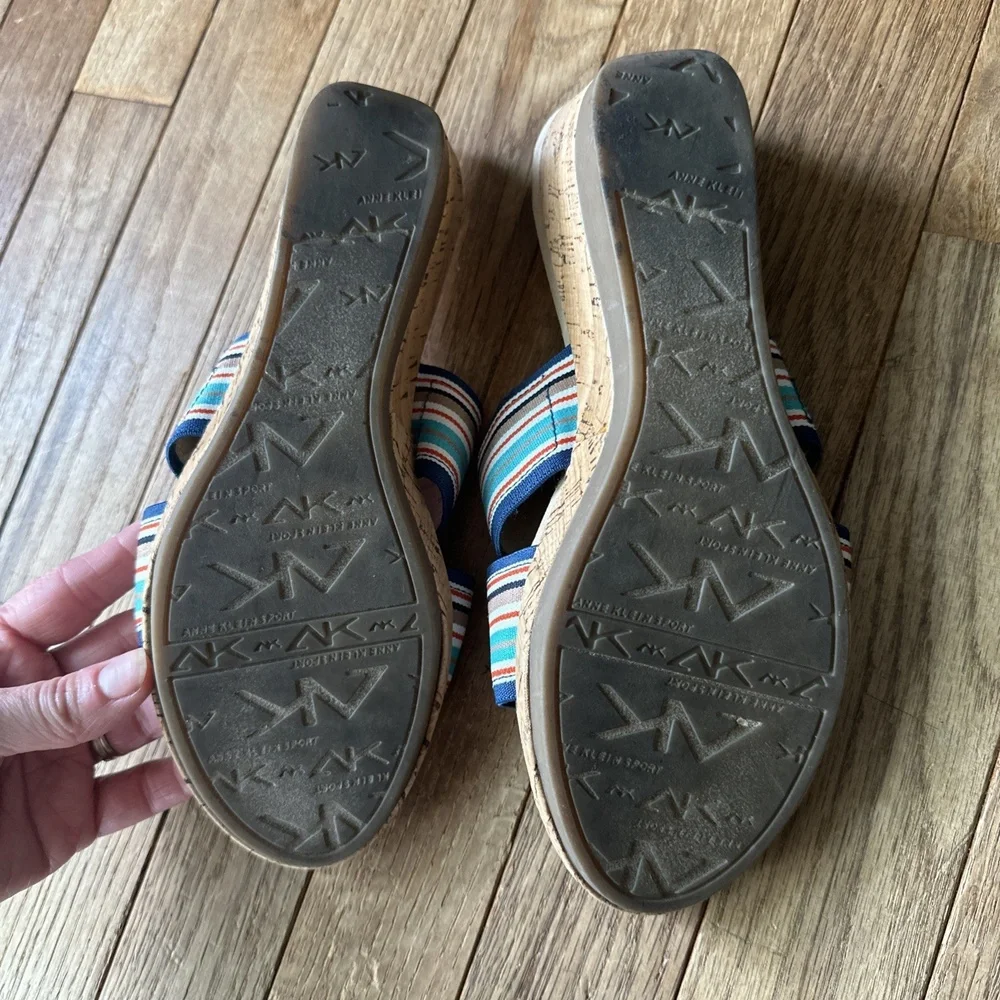 Anne Klein Wedge Sandals Size 7 Striped Sailor Chic Cork Heel Summer‎